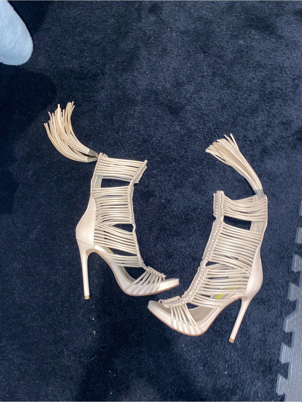 BCBGMaxAzria Nude Strappy Tassel Stiletto Sandals